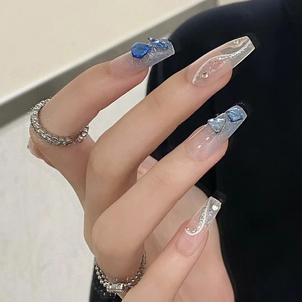 24Pcs Wearable Glitter False Nails with Glue Detachable Full Cover Nail Tips Ballerina Fake Nail Rhinestone Design Press on Nail