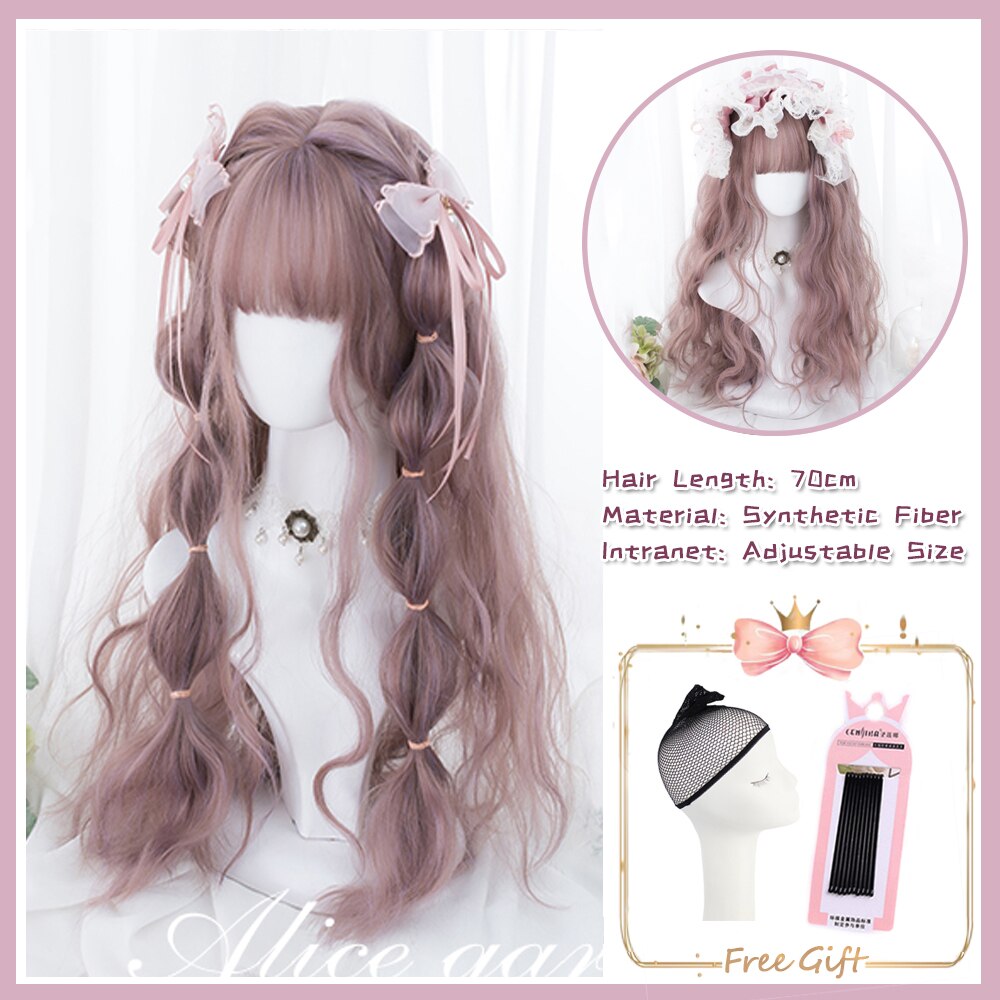 Cosplay Purple Blue High Gloss Bangs Synthetic Long Curly Hair Wig Lolita Women Heat-resistant Wig