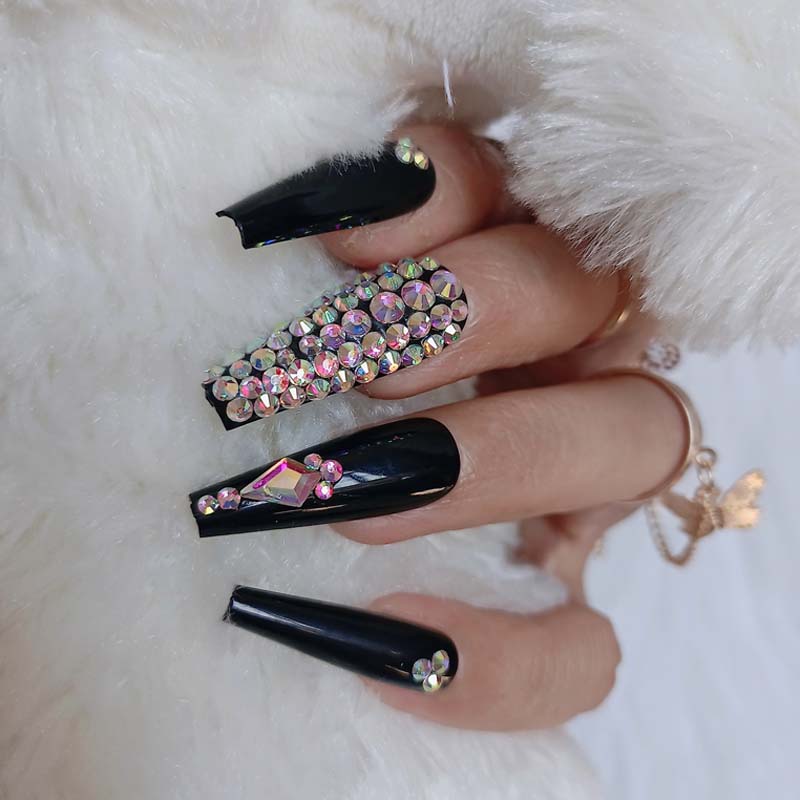 24pcs luxury jewelry ballet coffin fake nails crystal diamond black