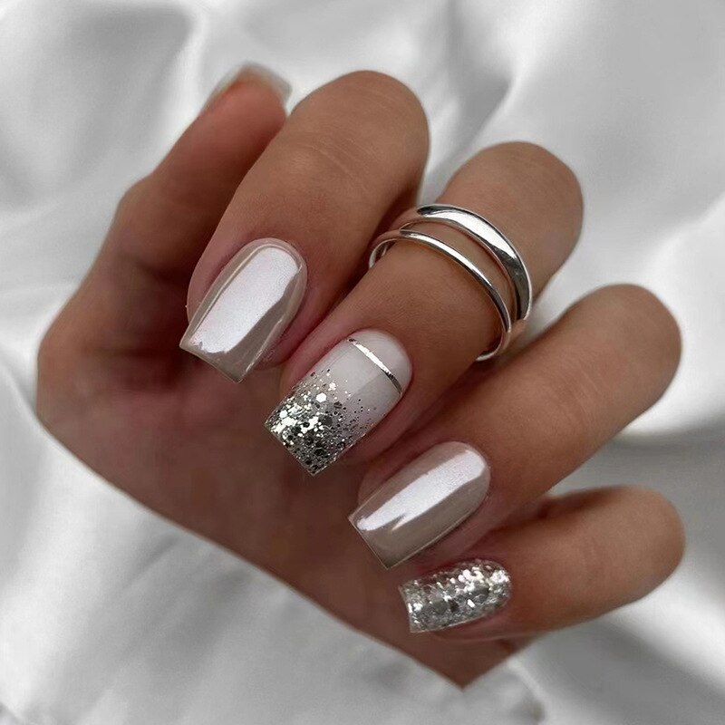 24Pcs White Long Coffin False Nails Glitter Ballet Wearable with French Design Fake nails Full Press on Nail Ins Nail Tips Art