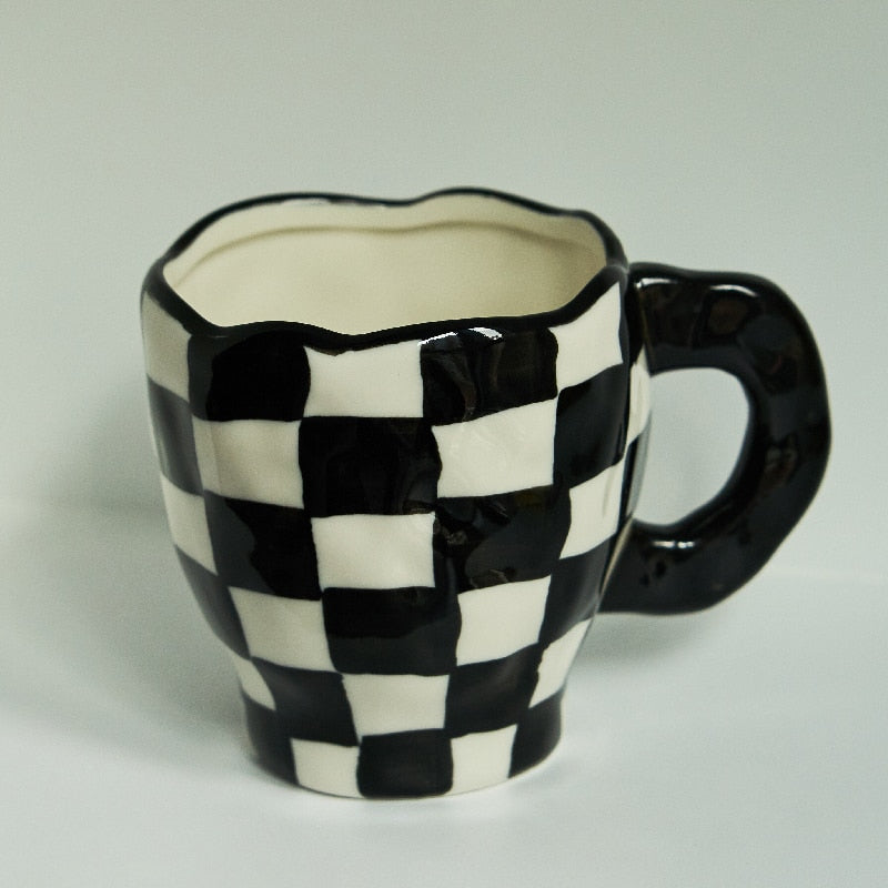 Chessboard Cup Irregular Handmade Ceramic Mug Coffee Tea Milk Water Cup Pink Girl Cup with Tray Cute Cup