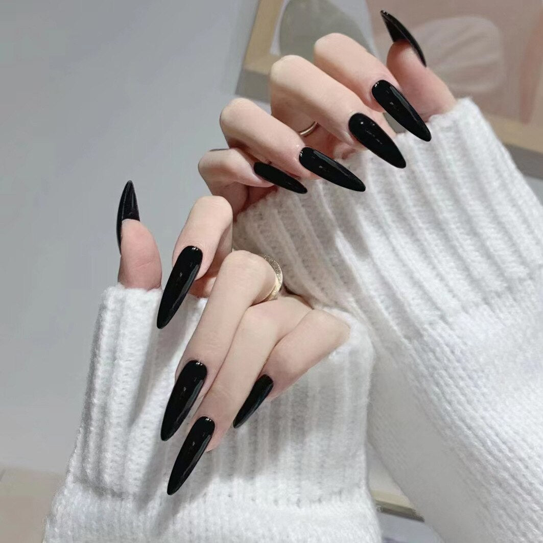 24pcs/Box Long Stiletto False Nails with Glue Red Nude Pink White MilkTea Color Jelly Nails Tips Full Cover Press On Nails