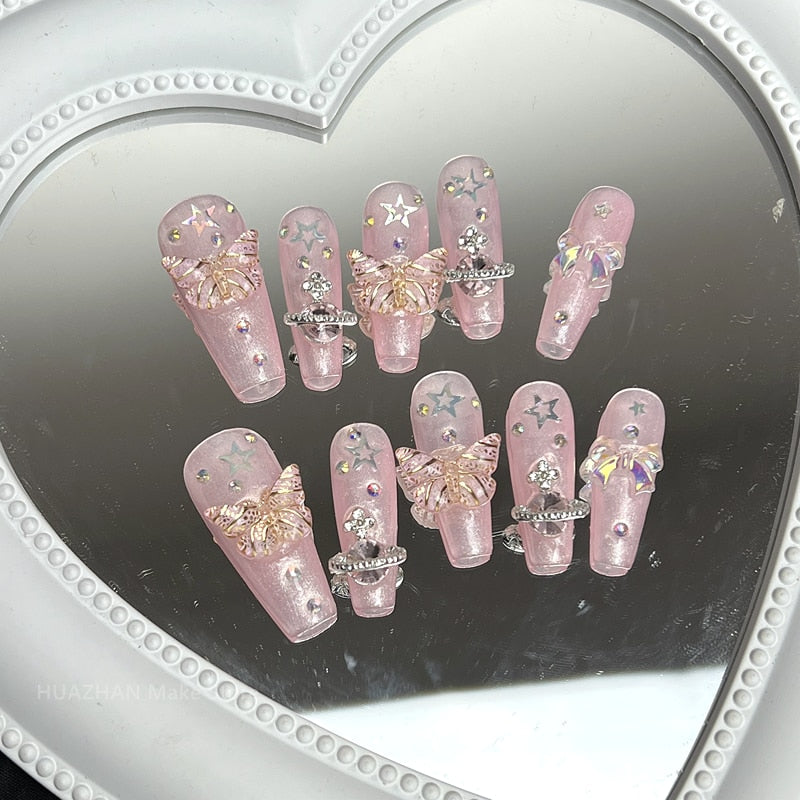 Butterfly Press On Nails Y2K Glitter Rhinestone Fake Nail With Glue Customized Handmade Long Coffin Stiletto False Nails Tips