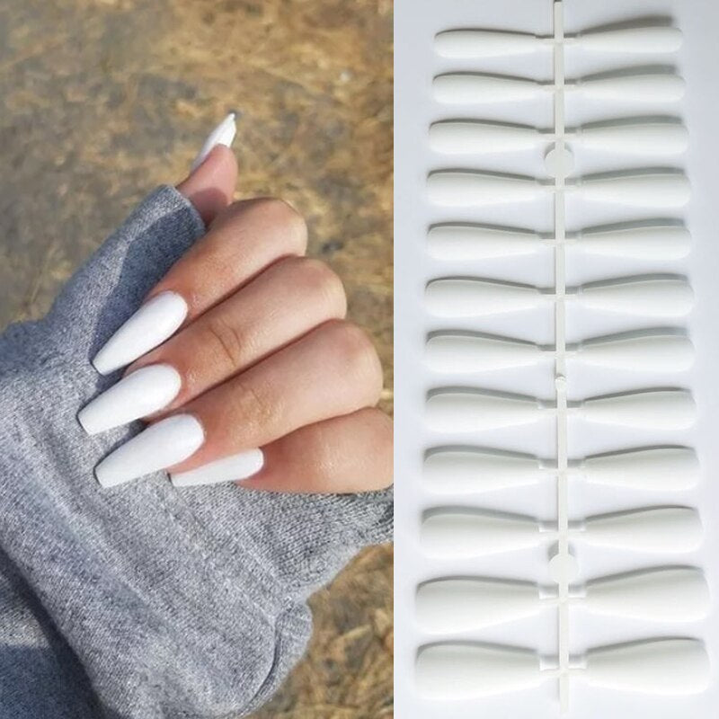 24Pcs/Sheet Matte Fake Nails Full Cover Ballet Fake Nail Elegant Solid Color Long Coffin False Nails Art Artificial Fingernails