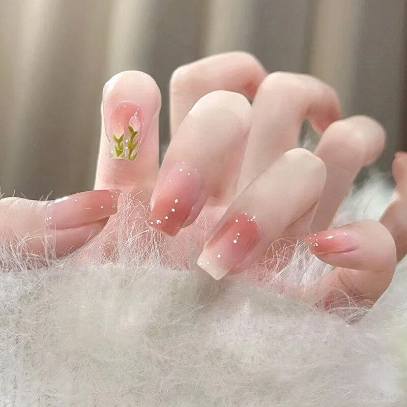 24pcs Long gradient nude false nail with glue simple artifical press on nails acrylic nails natural stick on nails set