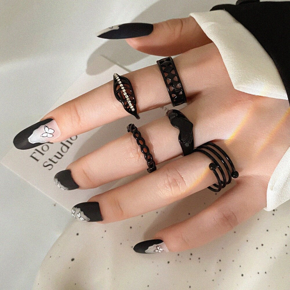 22pcs Heart Black Rings Set For Women Vintage Geometric Cross Pearl Butterfly Finger Rings Women Party Jewelry