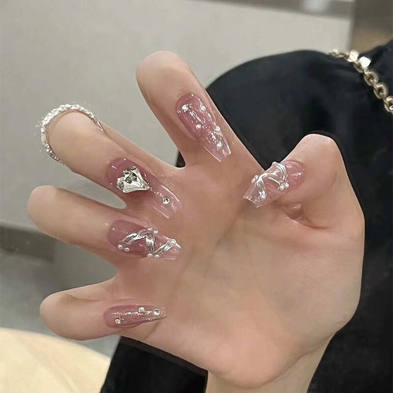 24pcs Wearable korean press on nails short ballet Artificial Nails with glue Cute sweet cool Pearl diamond Designs Fake Nails