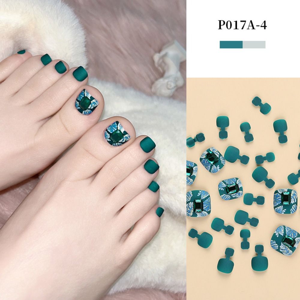 Artificial Toenails Glitter Rhinestones Sequins Fake Toenails Full Cover Short Square Toe Nails Foot Nails Tips for Women Girls