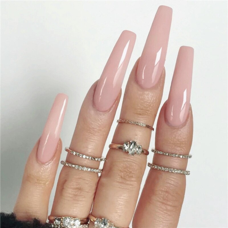 24pcs/Box Long Stiletto False Nails with Glue Red Nude Pink White MilkTea Color Jelly Nails Tips Full Cover Press On Nails