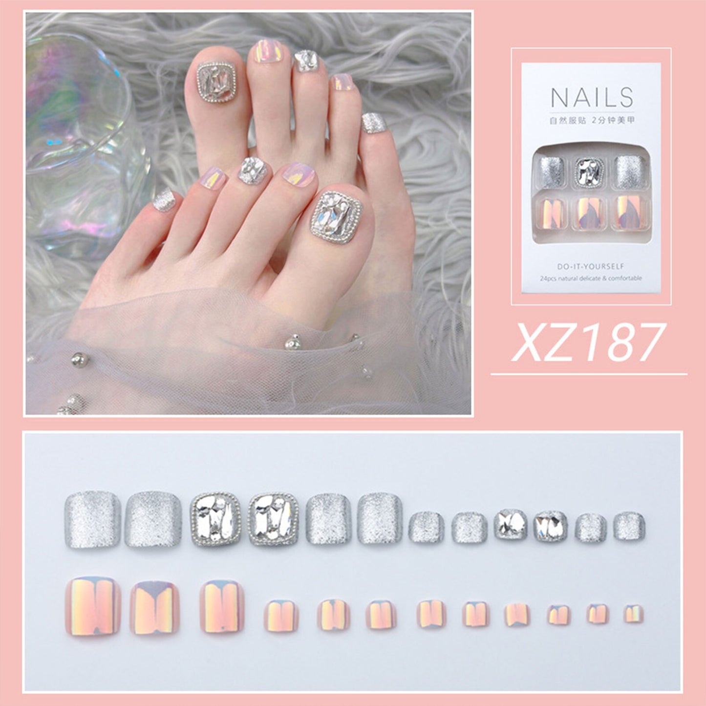 Love Rhinestones Korean Fake ToeNails Press On Square Nails Sparkling False Toe Nails With Designs Diamond Full Cover Nail Tips