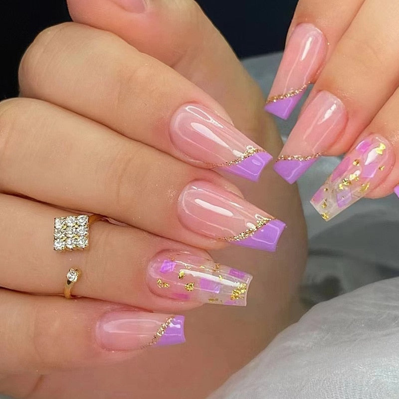 24Pcs Purple Y2K Press on Nails Star Diamond Designs Full Cover Fake Nails Long Coffin Acrylic False Nails