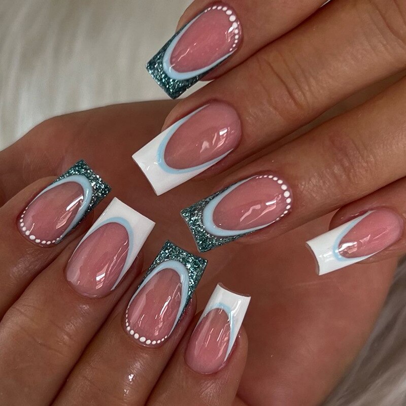 24Pcs Simple False Nails with White Edged Designs Long Ballerina Fake Nails Wearable Coffin French Nails Tips Press on Nails