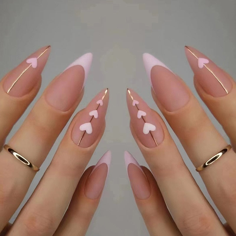 24pc removeable Almond stiletto false nails with pink floral designs Matte pearl fake nails with glue ballet press on nails