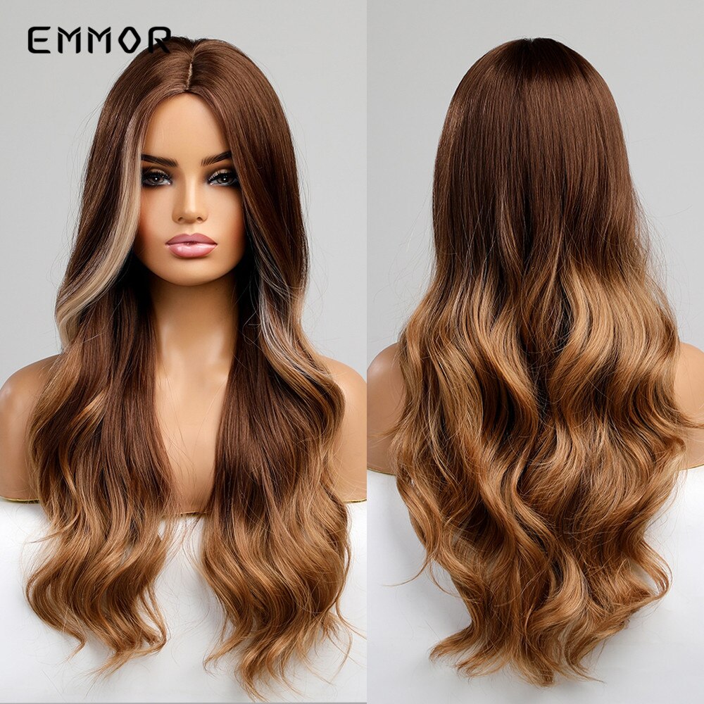 Synthetic Long Wavy Wigs with Bangs for Women Cosplay Natural Ombre Black to Pink Hair Wig High Temperature Fiber