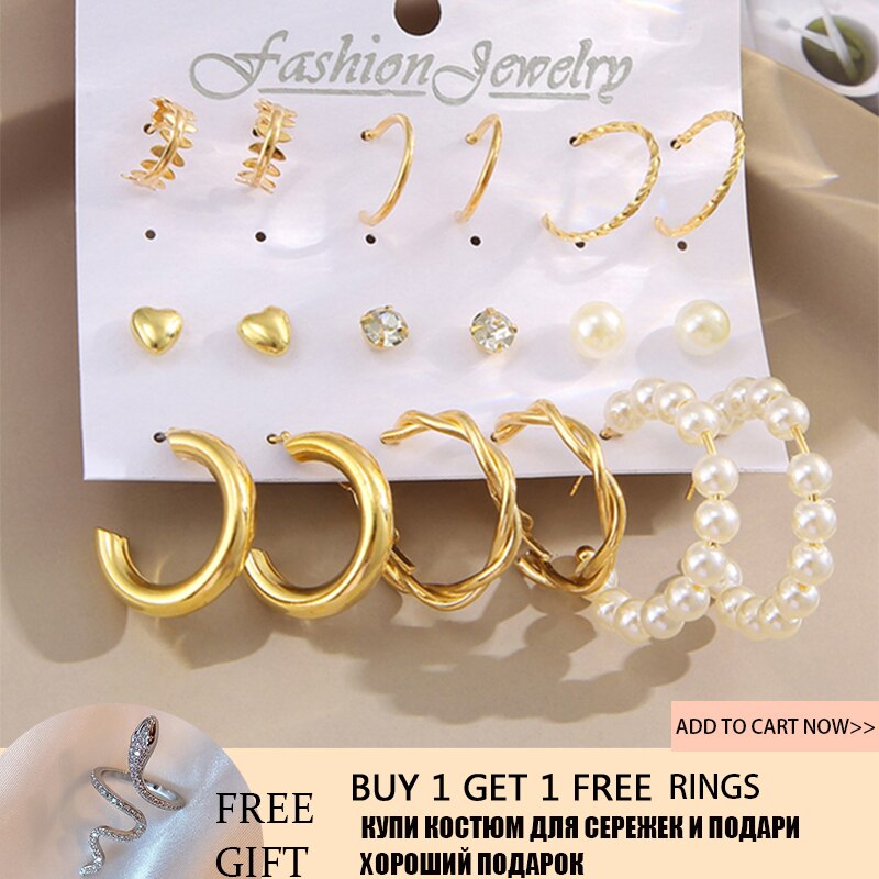 17KM Gold Color Twist Hoop Earrings Set for Women Girls Heart Pearl Metal Earring