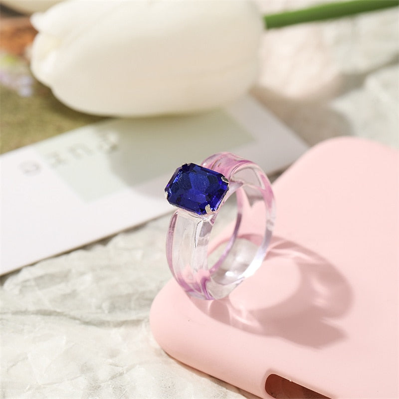 Colorful Transparent Resin Acrylic Crystal Rhinestone Simple Geometric Square Round Rings Set Jewelry