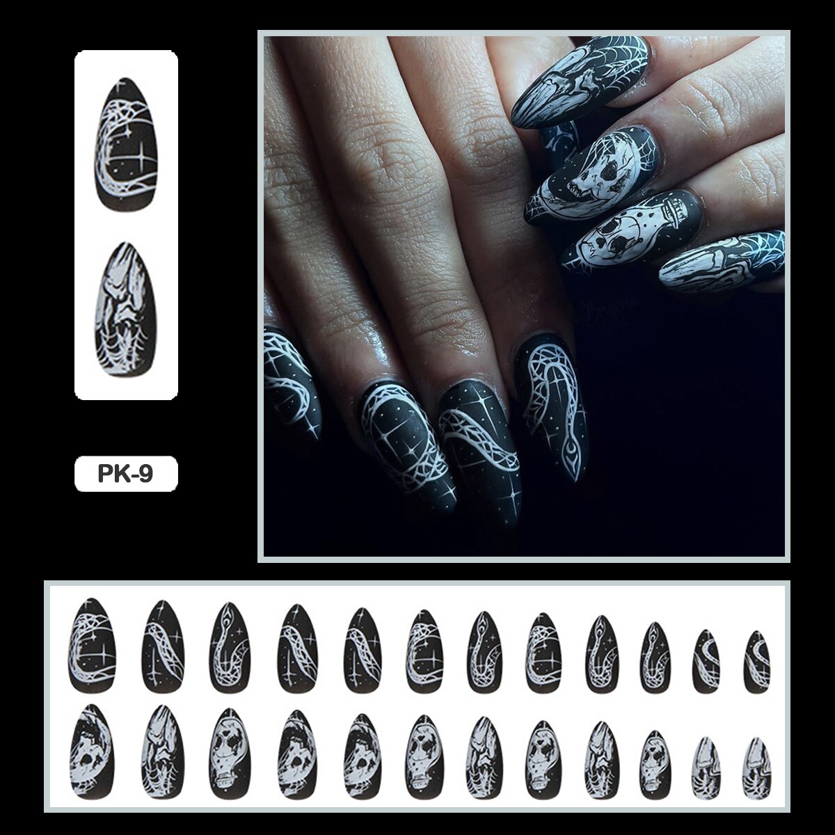 24PCS Dark Punk False Nails with Glue Gradient Long Detachable Fire Stick on Nails Skull Flame  Art DIY Fashion Manicure Tool