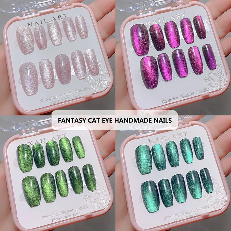 24pcs/box Crystal Cat Eye Shining Diamond Nail Patch Sparkling False Nail Press on Acrylic Nails Handmade Nail