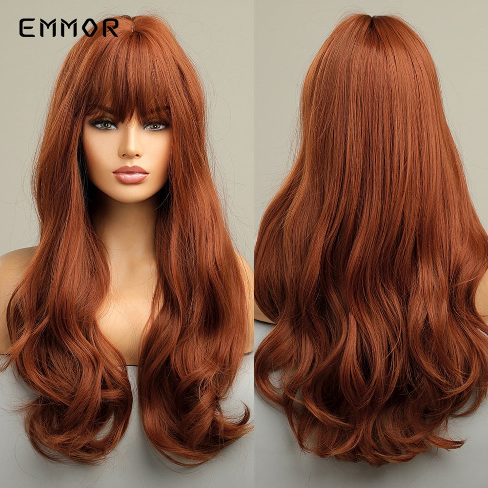 Synthetic Long Wavy Wigs with Bangs for Women Cosplay Natural Ombre Black to Pink Hair Wig High Temperature Fiber