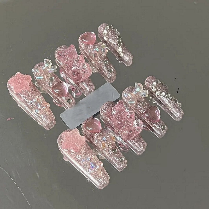 Handmade Y2K Punk Style Long Coffin False Nails Tips Glitter Rhinestone Press On Nails Reusable Short Fake Nail With Glue Gift