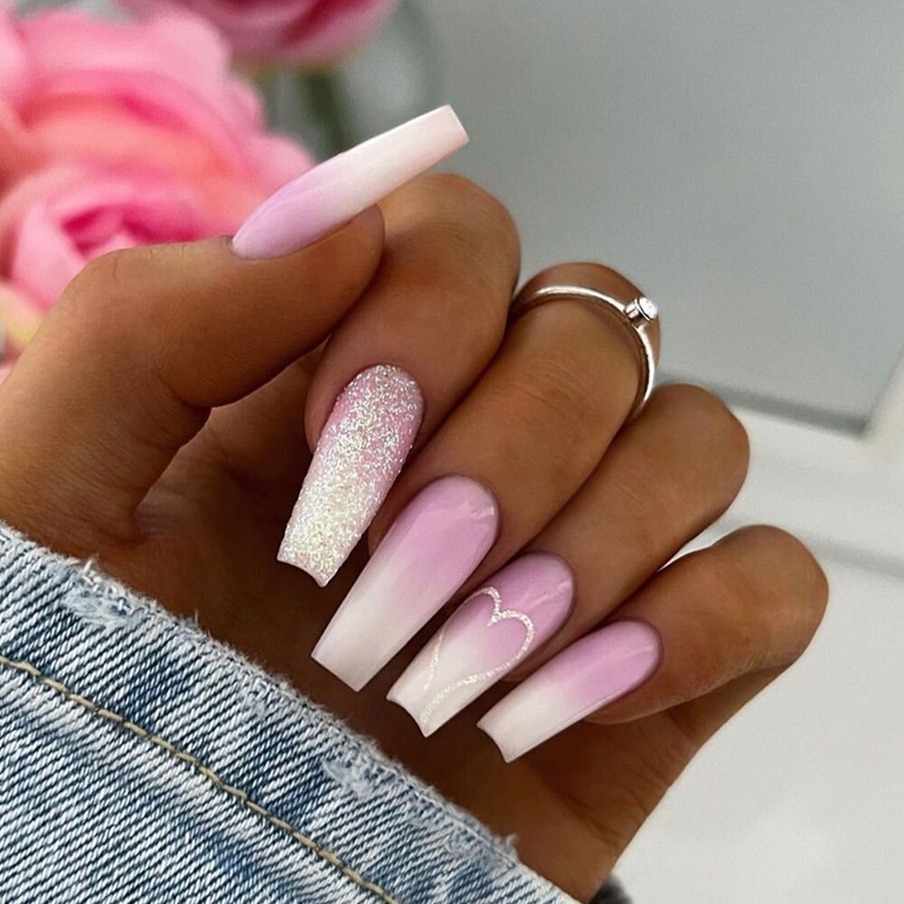 24Pcs Extra Long Ballet False Nails with Rhinestone Acrylic Square Head Fake Nails Heart-shaped Designs Wearable Press on Nails