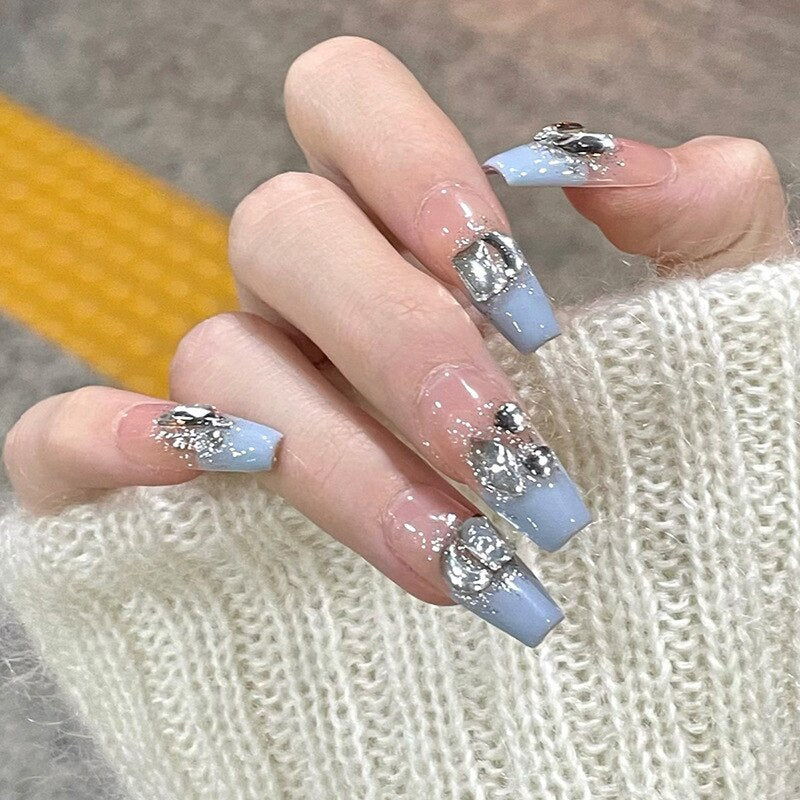 Fake Nails Sets Press on Ballet False Nails with Flower Designs Removable Acrylic Artificial Nails Glitter Nails Art Long Tips