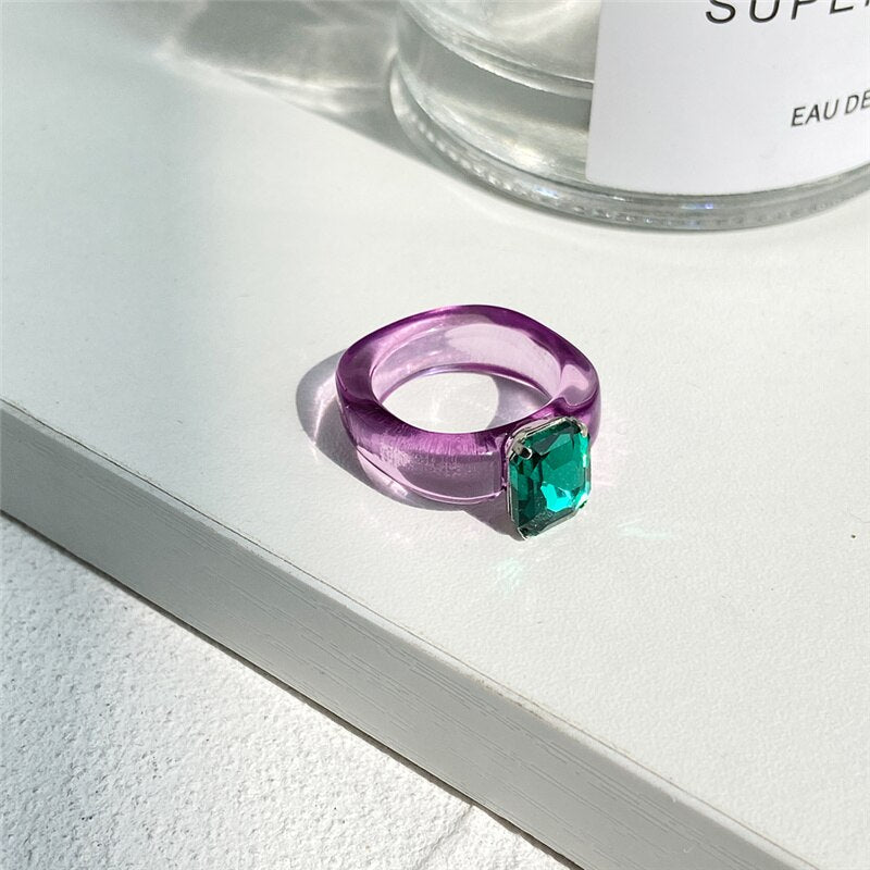 Colorful Transparent Resin Acrylic Crystal Rhinestone Simple Geometric Square Round Rings Set Jewelry