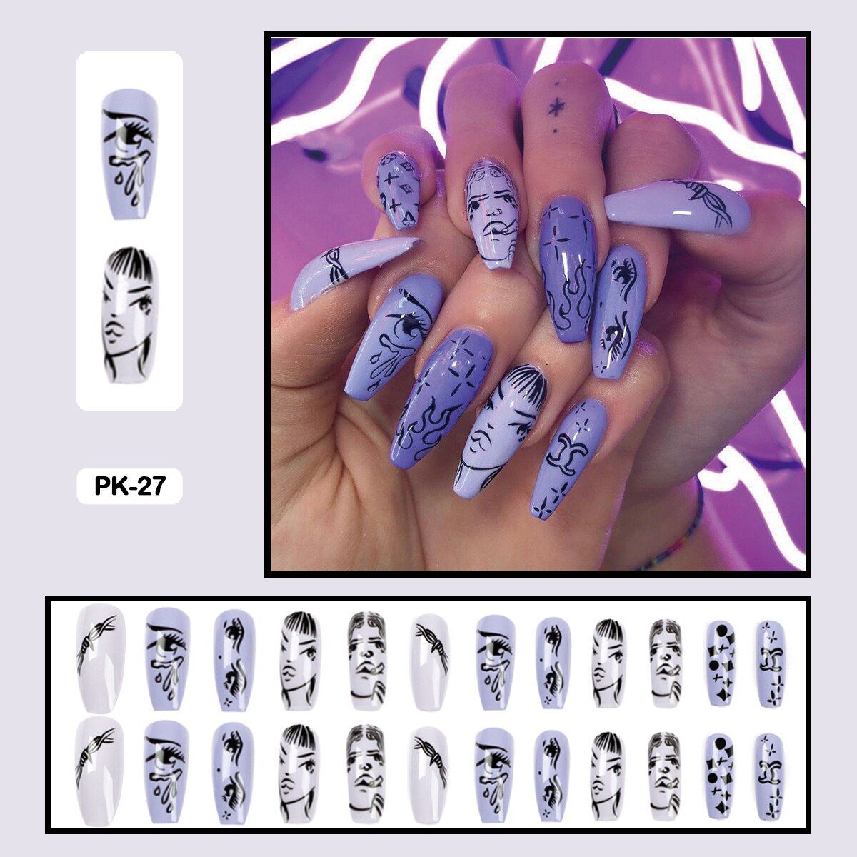 24PCS Dark Punk False Nails with Glue Gradient Long Detachable Fire Stick on Nails Skull Flame  Art DIY Fashion Manicure Tool