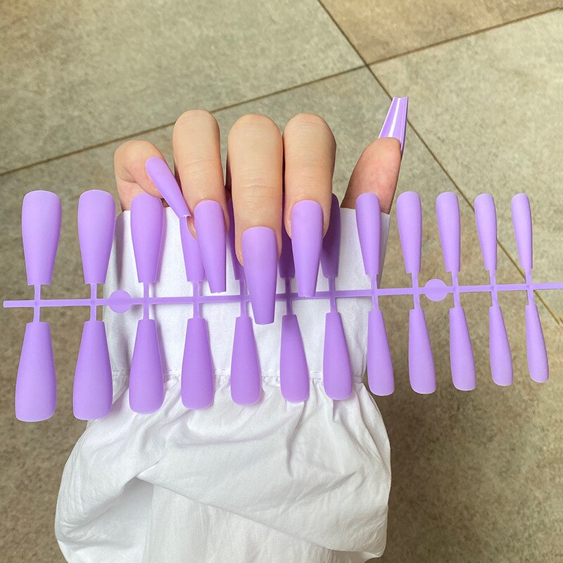 24Pcs/Sheet Matte Fake Nails Full Cover Ballet Fake Nail Elegant Solid Color Long Coffin False Nails Art Artificial Fingernails