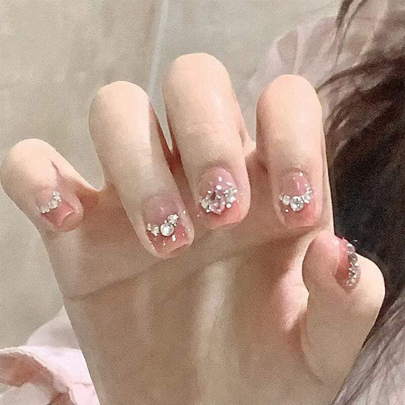 24pcs removeable short fake nails with glue Nude Pink artificial false nails with diamond designs acrylic press on nails