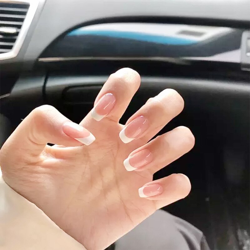 24PCS Khaki Nude Press On False Nails Tips Long Ballerina Pure Color Acrylic Fake Nails Coffin Full Cover Nail With Glue Designs