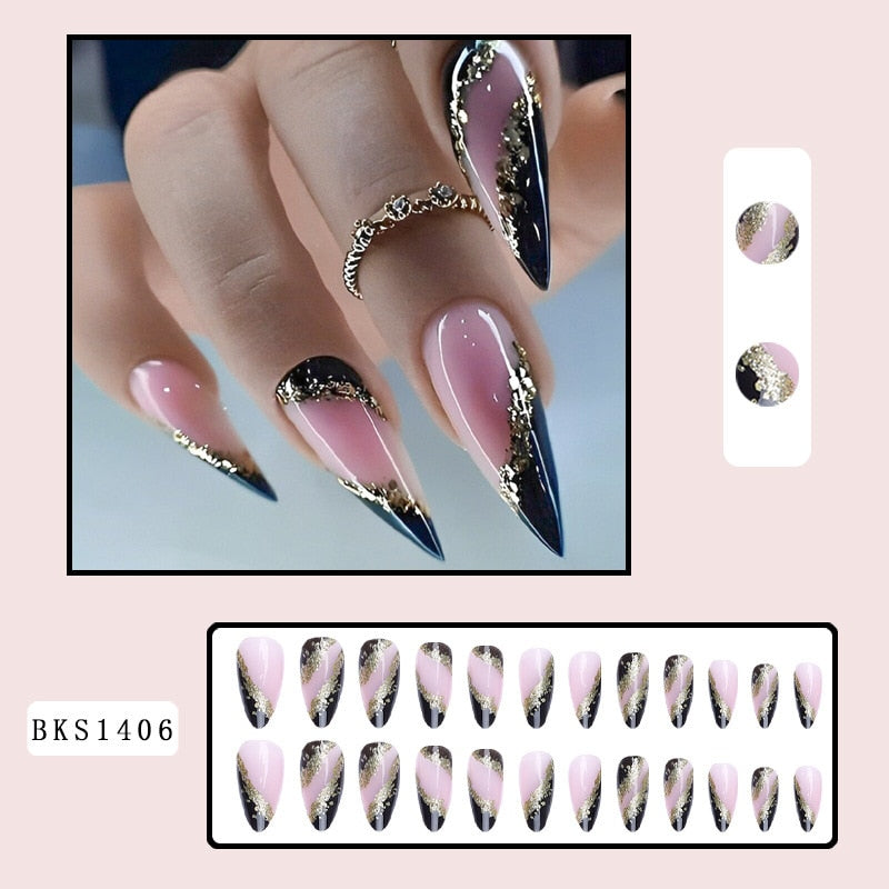 24pcs Long Stiletto False Nails Flower Tree Wearable French Fake Nails Press On Nails Leopard print Design Manicure Tips