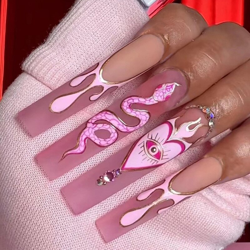 24Pcs Pink French False Nails French with Rhinestone Acrylic Fake Nail Tips Detachable Coffin Press on Nails Full Cover Manicure