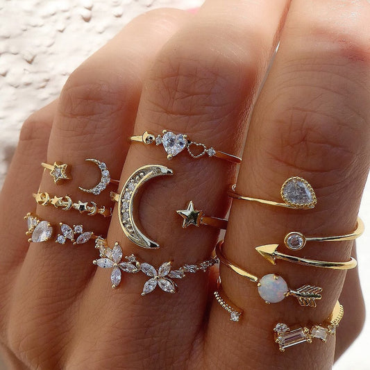 Bohemian Midi Knuckle Ring Set For Women Crystal Stars Moon Flower Love Crescent Geometric Coin Snake Finger Vintage Jewelry