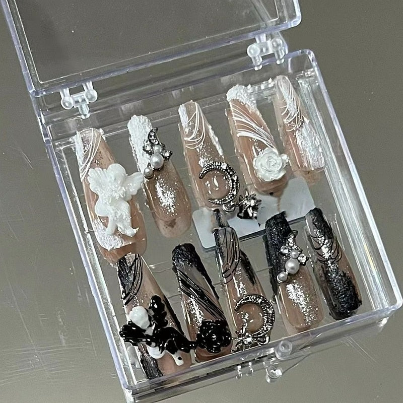 Handmade Y2K Punk Style Long Coffin False Nails Tips Glitter Rhinestone Press On Nails Reusable Short Fake Nail With Glue Gift