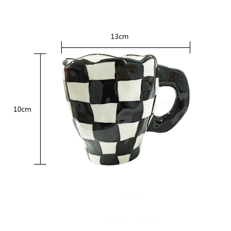 Chessboard Cup Irregular Handmade Ceramic Mug Coffee Tea Milk Water Cup Pink Girl Cup with Tray Cute Cup