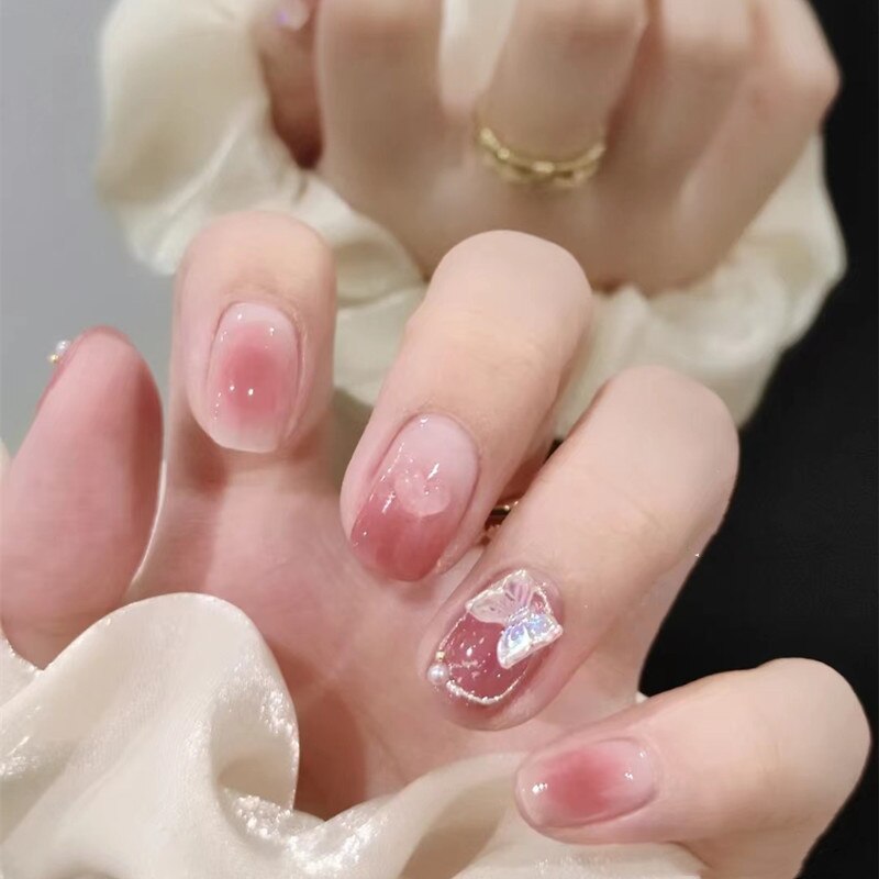 24pcs removeable short fake nails with glue Nude Pink artificial false nails with diamond designs acrylic press on nails