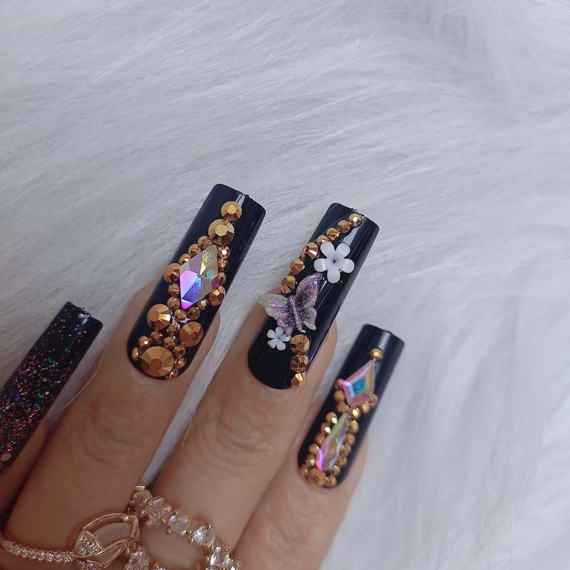 24pcs luxury jewelry long ballet coffin fake nails crystal diamond sexy black