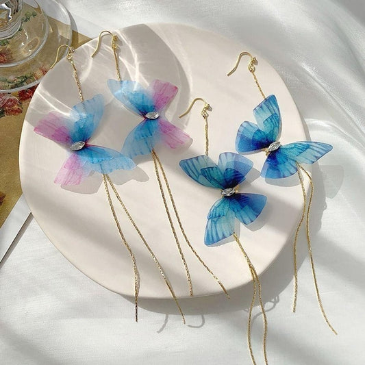 Long Tassel Transparent Yarn Blue Purple Butterfly Earring Drop Earring For Women Girl Party Hot Jewelry