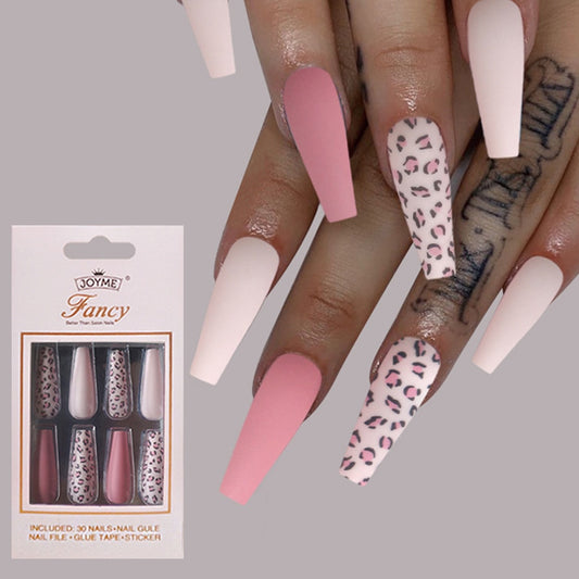 24/30Pcs Pink Leopard Designs False Nails French Long Coffin Fake Nail Artificial Full Cover Nail Art Tips Press on Nail