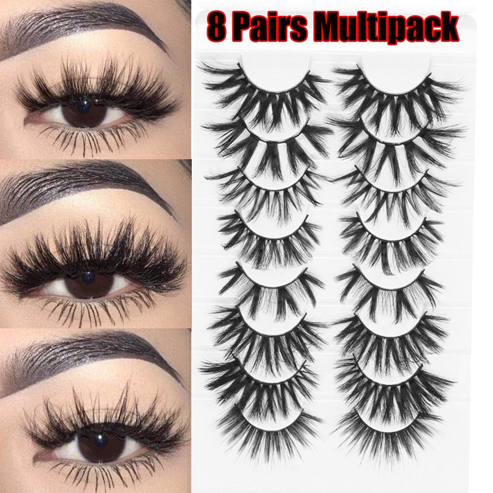 8 Pairs 3D Mink False Eyelashes Mixed Style 100% Mink Hair Wispies Criss-cross Fluffy Eyelashes Volume Handmade Cruelty-free