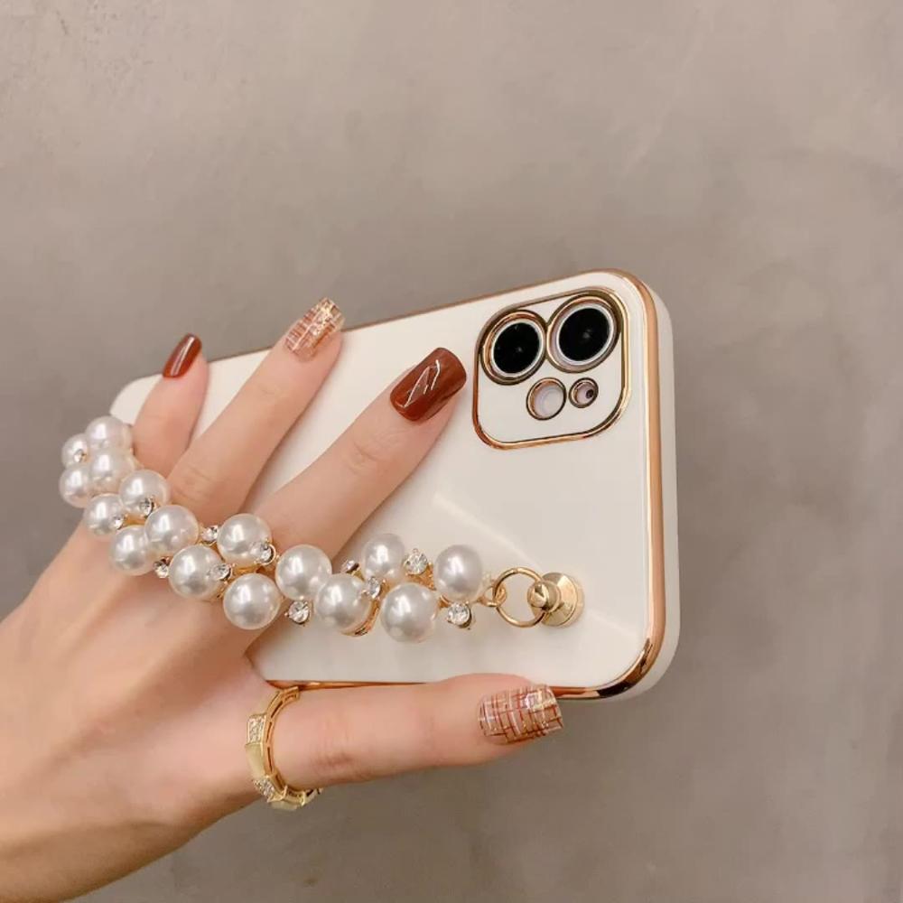 Plating Pearl rhinestone wrist bracelet Soft Phone Case For iPhone 11 12 13 Pro X XS Max 7 8 Plus Wrist Chian Strap phone Coque