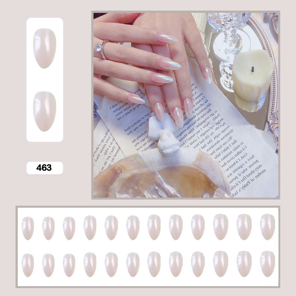 Mermaid Color Auroral Color Shell Fairy Fake Nail Art Wearable False Nails With Glue And Sticker 24pcs/box