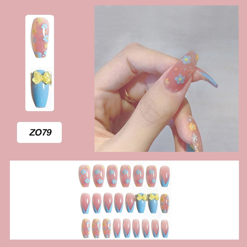 24pcs Butterfly decorated false nails Removable Long Manicure press on nail tips full cover acrylic