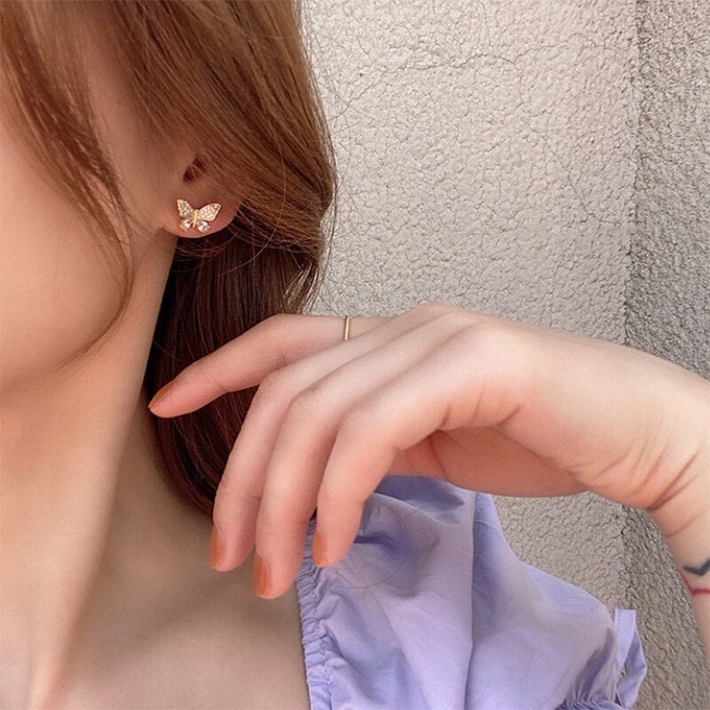 Elegant Cute Rhinestone Butterfly Stud Earrings For Women Girls Metal Chain Boucle Gifts