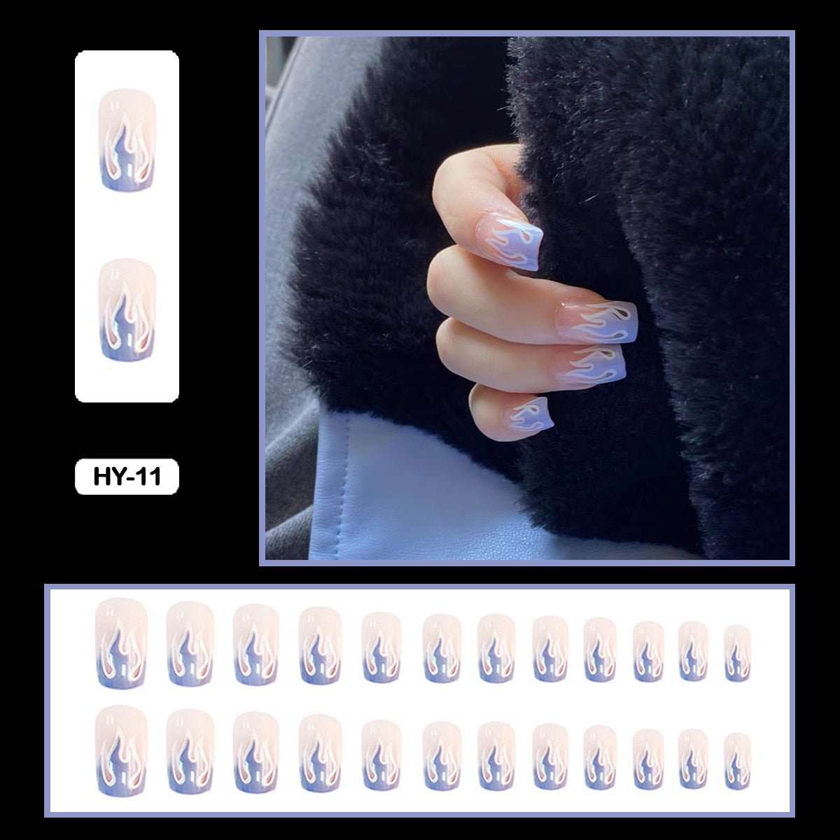 24PCS Dark Punk False Nails with Glue Gradient Long Detachable Fire Stick on Nails Skull Flame  Art DIY Fashion Manicure Tool