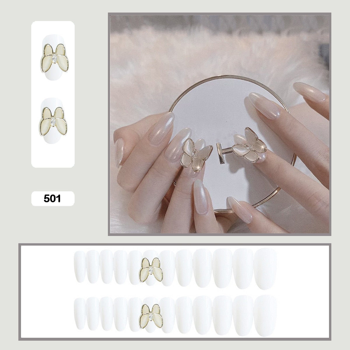 24pcs Stereoscopic Butterfly Light Luxury Elegant Nude Lady Style Removable False Nail Manicure Tool