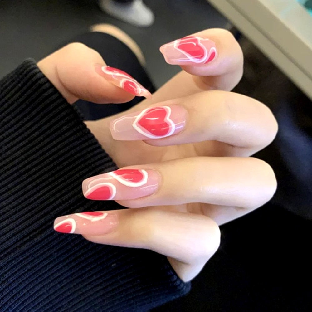 24pcs False press-on nails with a pattern Peach heart wear finished tablet nail art removable Manicure false nails