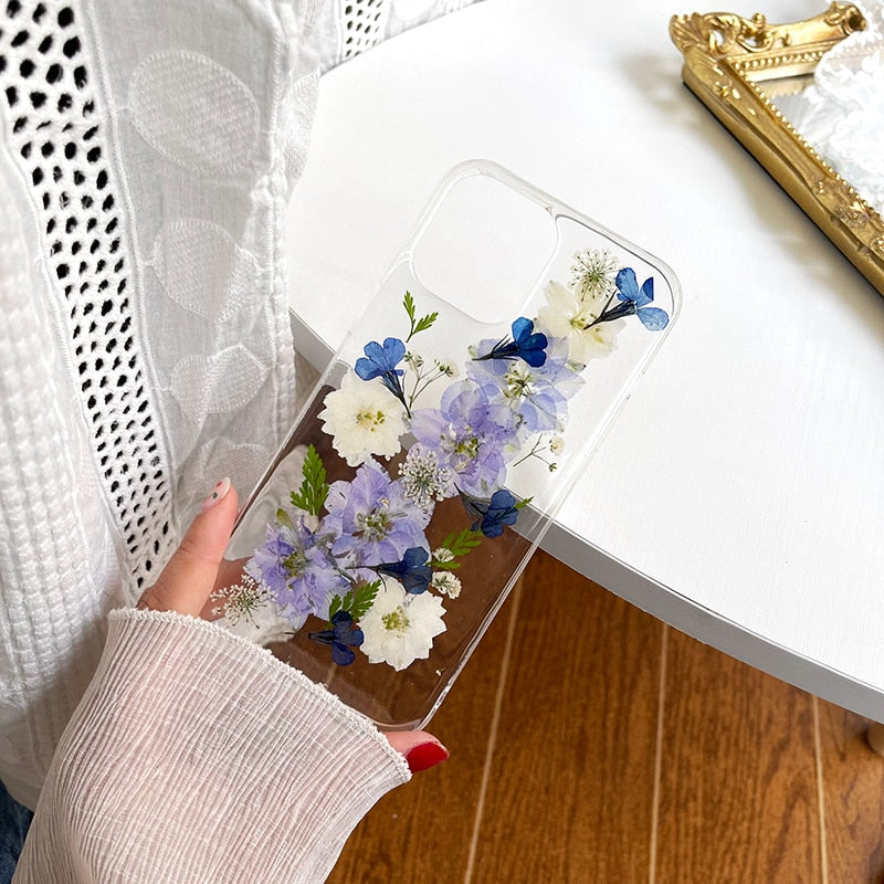 Real Pressed Dried Flowers Phone Case For iPhone X XS Max XR 7 8 Plus 13 12 11 Pro Max SE Case Soft Clear Floral Cover