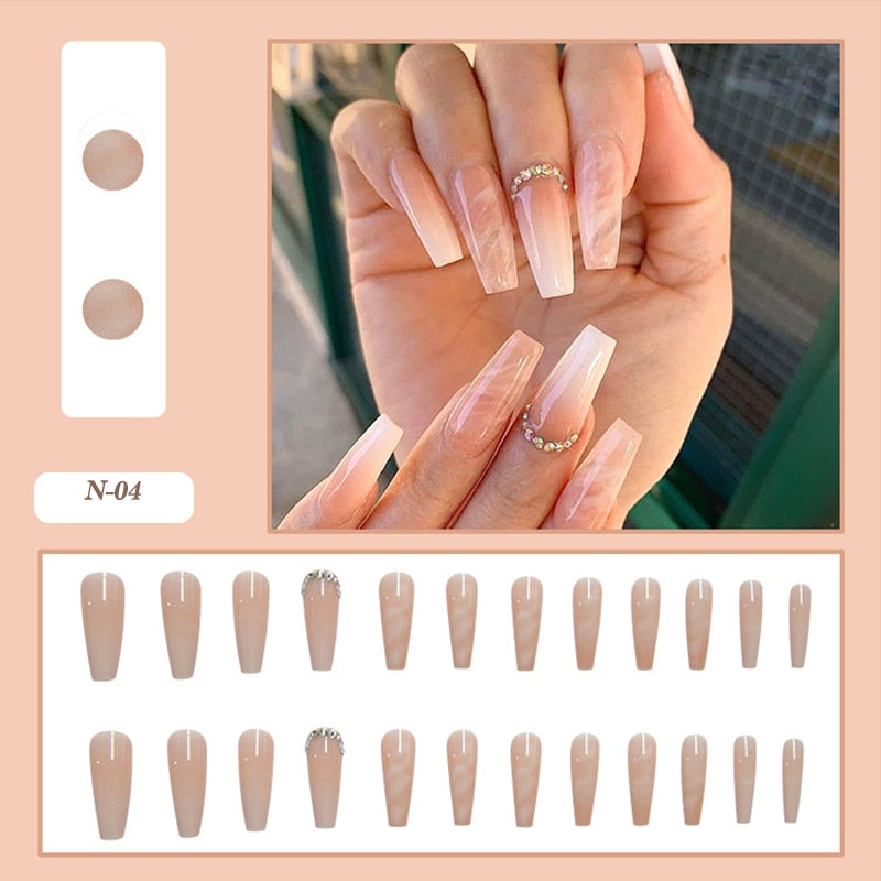 24pcs False Nails Nude Gradient Nail Patch Rhinestone Inlaid Press On Nails Removable Long Manicure nail tips